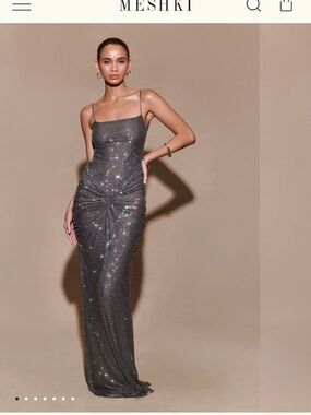 Meshki Silver Sparkle Ruched Maxi Dress